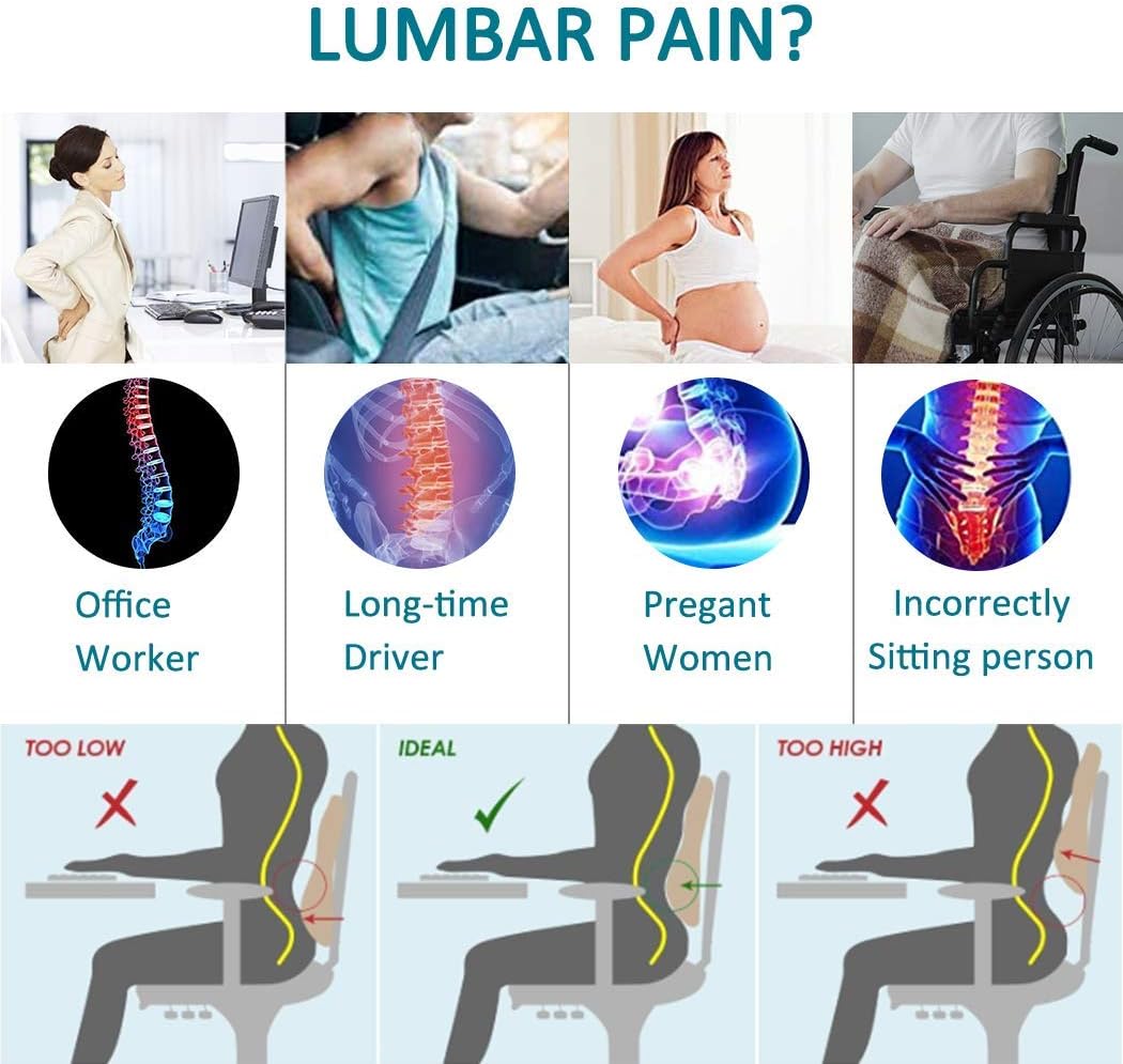  Lumbar Support Pillow For Car Seat Back Support Pillow For Car,  Office, Gaming Chair, Recliner Memory Foam Back Cushion With Removeable And  Washable Ice Fabric Cover and Double Adjustable Straps 